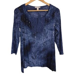 Croft & Barrow Fairycore Sequin Embroidered Tunic Top Small Navy Whimsygoth Boho